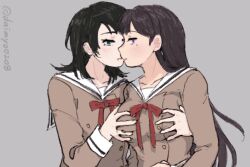 Rule 34 | 2girls, bang dream!, bang dream! it&#039;s mygo!!!!!, black hair, blue eyes, blush, brown dress, brown hair, commentary request, daimyo0208, dress, grabbing another&#039;s breast, grabbing from behind, grey background, groping, hanasakigawa school uniform, highres, imminent kiss, long hair, mole, mole under eye, multiple girls, neck ribbon, parted lips, purple eyes, red ribbon, ribbon, sailor collar, sailor dress, school uniform, shiina taki, simple background, white sailor collar, yahata umiri, yuri