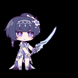 1girl :d ^_^ animated animated_gif armband bare_shoulders braid breasts chibi cleavage closed_eyes closed_mouth flower food fruit full_body holding holding_sword holding_weapon honkai_(series) honkai_impact_3rd incoming_attack medium_breasts official_alternate_costume official_art open_mouth parody raiden_mei raiden_mei_(crooning_tides) raiden_mei_(herrscher_of_origin) smile solo standing sword thigh_strap tomato transparent_background weapon wet wet_hair white_armband white_flower white_footwear white_headwear