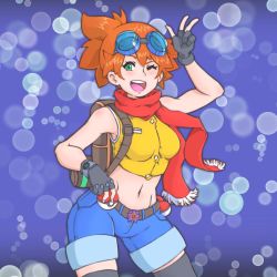 1girl armpits artist_request asymmetrical_hair binoculars blush breasts closed_mouth denim denim_shorts eyelashes gen_1_pokemon gloves green_eyes hair_between_eyes hair_tie heart highres holding holding_poke_ball legs medium_breasts misty_(pokemon) navel nintendo one_eye_closed orange_hair poke_ball pokemon pokemon_(anime) pokemon_(classic_anime) ponytail red_scarf scarf shirt short_hair shorts side_ponytail source_request spread_legs starmie tank_top thighhighs thighs wink yellow_shirt yellow_tank_top