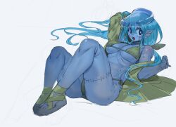 Rule 34 | 1girl, arm behind back, bikini, bikini day, blue hair, blue skin, coat, colored skin, commentary, copyright request, fins, full body, green bikini, green coat, hashtag-only commentary, head fins, highres, knees up, long hair, lying, monster girl, on back, open clothes, open coat, open mouth, s-skio, sandals, see-through clothes, see-through headwear, sharp teeth, solo, stitches, swimsuit, teeth
