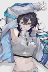 1girl absurdres alternate_costume arm_up armpits black_hair breast_pocket breasts closed_mouth clothes_writing commentary_request copyright_name cropped_shirt crossed_bangs earrings hair_spread_out high_collar highres ichinose_uruha jacket jewelry kajiwara_3 long_hair long_sleeves looking_at_viewer lying messy_hair midriff navel open_clothes open_jacket pocket purple_eyes purple_nails shirt short_shorts shorts solo upper_body virtual_youtuber vspo! white_background white_shirt white_shorts zipper zipper_pull_tab