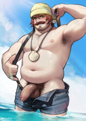 1boy animal_crossing armpit_hair artist_name bara belly blue_sky denim denim_shorts facial_hair fat fat_man flaccid highres humanization jewelry looking_at_viewer male_focus mustache navel necklace nintendo nipples ocean pascal_(animal_crossing) penis precum pubic_hair shell shell_necklace shorts sky suspenders sylvein testicles wading wet