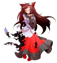 1girl alphes_(style) animal_ears blush breasts brooch brown_hair closed_eyes closed_mouth collarbone commentary_request covering_breasts covering_privates crossed_arms dairi defeat dress facing_viewer full_body imaizumi_kagerou jewelry large_variant_set long_hair medium_breasts parody red_shoes shoes solo standing straight-on style_parody tachi-e tearing_up torn_clothes touhou transparent_background variant_set very_long_hair wolf_ears wolf_girl