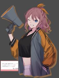 1girl bang_dream! black_shirt blue_eyes breasts brown_hair commentary crop_top drop_shadow gloves grey_background grey_gloves grey_jacket half_updo hand_in_pocket hashtag-only_commentary highres jacket kanade_(kanade_3344) long_hair long_sleeves marshmallow_(site) medium_breasts midriff navel one_eye_closed request_inset shirt solo yamabuki_saya
