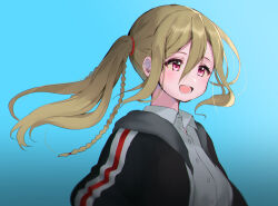 1girl battle_girl_high_school black_jacket blonde_hair blue_background blush braid collared_shirt eyelashes gradient_background grey_shirt hair_between_eyes hood hood_down jacket kiyosato_0928 long_hair long_sleeves mitsurugi_furan open_mouth pink_eyes shirt side_ponytail simple_background solo upper_body