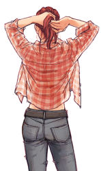 1girl arms_up belt blouse cowboy_shot denim fallout:_new_vegas fallout female_focus from_behind hairdressing jeans no_headwear open_clothes open_shirt pants red_hair rose_of_sharon_cassidy shirt simple_background solo white_background y_(chos)