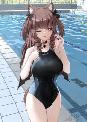 Rule 34 | 1girl, absurdres, animal ear fluff, animal ears, arm up, ashitaba kemo, blunt bangs, blush, breasts, brown hair, character request, choker, commentary request, copyright request, covered navel, drill hair, drill sidelocks, fang, highres, holding, holding towel, indoors, large breasts, long hair, one eye closed, open mouth, pool, red eyes, sidelocks, solo, swimsuit, towel, towel around neck, wet