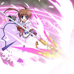 Rule 34 | 00s, blue eyes, bow, brown hair, endori, hair ribbon, lyrical nanoha, magic circle, mahou shoujo lyrical nanoha, open mouth, raising heart, raising heart (exelion mode), ribbon, solo, starlight breaker, takamachi nanoha, takamachi nanoha (sacred mode), twintails