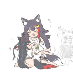 Rule 34 | !, !!, 3girls, :d, aged down, ahoge, animal ear fluff, animal ears, black hair, brushing another&#039;s hair, brushing hair, closed eyes, commentary, fox ears, fox girl, fox tail, hololive, kurokami fubuki, long hair, multicolored hair, multiple girls, o o, ookami mio, open mouth, red eyes, red hair, sakuramochir, shirakami fubuki, shirt, simple background, smile, streaked hair, surprised, symbol-only commentary, tail, virtual youtuber, white background, white shirt, wolf ears, wolf girl