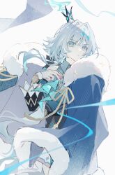 Rule 34 | 1girl, aqua dress, aqua eyes, aqua hair, bare shoulders, blue cape, blue gemstone, cape, cerydra (honkai: star rail), chinese commentary, closed mouth, collared dress, crown, detached sleeves, dress, fur-trimmed cape, fur trim, gem, grey background, hair between eyes, hand on own chest, head tilt, highres, honkai: star rail, honkai (series), leaning to the side, long hair, long sleeves, looking at viewer, looking to the side, multicolored hair, shade, simple background, solo, standing, streaked hair, wavy hair, white fur, wide sleeves, yue (shemika98425261)