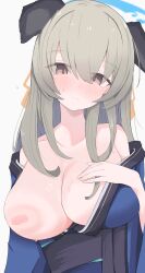 1girl absurdres animal_ears bare_shoulders blue_archive blue_halo blue_kimono blush breasts brown_eyes commentary_request dog_ears dog_girl grey_hair halo highres japanese_clothes kimono large_breasts long_hair nipples nui_(nuinui0300) open_clothes open_kimono solo sweat umika_(blue_archive) upper_body white_background