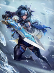 1girl black_gloves black_hairband blue_hair blue_necktie boots claymore_(sword) eula_(genshin_impact) genshin_impact gloves greatsword hair_ornament hair_over_one_eye hairband high-waist_shorts high_heel_boots high_heels highres holding holding_sword holding_weapon imdrunkontea long_hair looking_at_viewer necktie purple_eyes shorts solo sword thigh_boots thighhighs vision_(genshin_impact) weapon