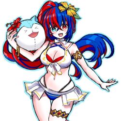 1girl alear_(female)_(fire_emblem) alear_(female)_(seaside_dragon)_(fire_emblem) alear_(fire_emblem) bikini blue_bikini blue_eyes blue_hair breasts character_ball cleavage criss-cross_halter crossed_bangs fire_emblem fire_emblem_engage fire_emblem_heroes front-tie_bikini_top front-tie_top gold_armlet gold_thighlet halterneck heterochromia highres long_hair multicolored_bikini multicolored_hair multicolored_swimsuit nintendo official_alternate_costume official_alternate_hairstyle ponytail red_bikini red_eyes red_hair shiro0239 solo sommie_(fire_emblem) split-color_hair swimsuit two-tone_hair very_long_hair white_bikini