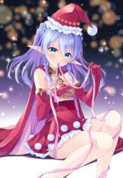 1girl bare_shoulders barefoot braid breasts cloak commission dress fricka_(iris_mysteria!) frilled_hat frilled_skirt frills green_eyes hat highres iris_mysteria! looking_at_viewer medium_breasts miniskirt pink_ribbon pointy_ears purple_hair red_cloak red_dress ribbon santa_costume santa_hat shizuki_ayame skeb_commission skirt smile