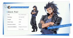1boy bandage_on_cheek birthday black_boots black_jacket black_pants blue_eyes blue_shirt boots character_name crossed_ankles crossed_arms english_text final_fantasy final_fantasy_vii final_fantasy_vii_ever_crisis fujise_lisa full_body hair_slicked_back jacket jewelry male_focus medium_hair necklace official_alternate_costume official_art one_eye_closed pants parted_lips school_uniform shirt sideburns smile solo zack_fair