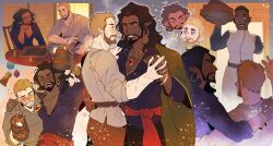 1girl 2boys alcohol anduin_wrynn arm_around_shoulder arm_around_waist arm_up bare_pectorals beard beer belt black_belt black_nails black_pants blonde_hair blue_eyes blue_shirt blush bracelet brown_hair cape chair chest_hair closed_eyes collarbone collared_shirt commentary commission couple cup curly_hair dark-skinned_female dark-skinned_male dark_skin dice drunk earrings english_commentary eye_contact facial_hair faerin_lothar fingernails gem green_cape grey_background grey_shirt heterochromia highres holding holding_cup holding_hands hoop_earrings jewelry long_hair looking_at_another male_focus multiple_boys multiple_views necklace one_eye_closed open_collar pants pectorals piercing pointy_ears polyhedral_dice red_eyes red_gemstone red_sash ring sash scar scar_across_eye scar_on_face sei_(seiryuuden) sharp_fingernails shirt shirt_tucked_in short_hair simple_background sitting sparkle table tankard teeth thick_eyebrows warcraft wavy_hair wooden_table world_of_warcraft wrathion yaoi