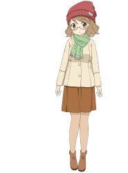 1girl brown_coat brown_hair brown_shoes brown_skirt coat full_body glasses green_scarf hat highres karasuma_sakura kin-iro_mosaic knit_hat long_sleeves official_art red_hat scarf semi-rimless_eyewear shoes short_hair simple_background skirt solo standing tachi-e transparent_background ueda_kazuyuki under-rim_eyewear wavy_hair white-framed_eyewear