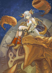 Rule 34 | 1girl, absurdres, blue eyes, breasts, clock hands, dragon, dragon girl, dragon horns, dragon tail, dress, fish, frown, gears, gloves, hair ribbon, highres, holding, horns, meen (pixiv997902), myr (p&amp;d), puzzle &amp; dragons, red ribbon, ribbon, roman numeral, short hair, sitting, sky, small breasts, star (sky), starry sky, tail, white dress, white gloves, white hair, wings