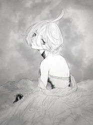 1girl absurdres ahoge back bare_shoulders blood chinese_commentary closed_mouth commentary_request dress earrings greyscale gundam gundam_suisei_no_majo highres himmel_(keine_haare) jewelry long_hair looking_at_viewer looking_back miorine_rembran monochrome off-shoulder_dress off_shoulder solo stud_earrings