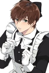 Rule 34 | 1boy, absurdres, alter (mabinogi), alternate costume, apron, black bow, black dress, bow, brown hair, commentary request, crossdressing, crossdressing (mtf), dress, enmaided, frilled apron, frills, gloves, green eyes, hair between eyes, hair bow, highres, korean commentary, long sleeves, mabinogi, maid, maid apron, male focus, male maid, neck ribbon, parted lips, ray (lthenray), ribbon, short hair, simple background, sleeve cuffs, solo, upper body, white apron, white background, white gloves, white ribbon
