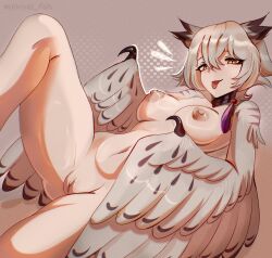 Rule 34 | 1girl, absurdres, animal ears, belly, bird ears, breasts, brown background, brown eyes, claws, commentary, english commentary, feathered wings, grey feathers, grey hair, grey wings, hair between eyes, harpy, highres, looking at viewer, medium breasts, monster girl, navel, nipples, nude, original, pussy, solo, tongue, tongue out, twitter username, uncensored, unreal fish, winged arms, wings