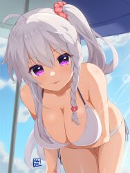 1girl 9-nine- ahoge alternate_costume arm_under_breasts backlighting bare_shoulders beach_umbrella bent_over bikini blue_sky blush braid breasts cleavage cloud collarbone commentary cowboy_shot day grey_hair hair_between_eyes hair_ornament hair_scrunchie halterneck highres large_breasts light_rays long_hair looking_at_viewer niimi_sora outdoors parted_lips purple_eyes red_scrunchie scrunchie seductive_smile side-tie_bikini_bottom side_braid side_ponytail sidelocks signature single_braid sky smile solo straight-on sunlight swimsuit tsue_(surutsue) umbrella very_long_hair white_bikini