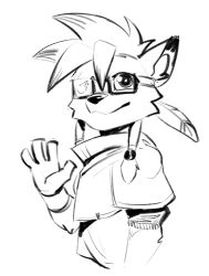 1boy aged_down animal_ear_fluff animal_ears animal_nose artofkurzweil capelet feather_hair_ornament feathers final_fantasy final_fantasy_vii furry furry_male glasses greyscale hair_ornament highres looking_at_viewer male_focus monochrome one_eye_covered red_xiii smile spiked_hair waving