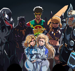 avengers_(series) beard black_panther_(marvel) blonde_hair blue_bodysuit blue_eyes bodysuit breasts dagger_(marvel) earrings facial_hair fantastic_four highres iron_fist_(marvel) jewelry large_breasts long_hair looking_at_viewer magik_(x-men) marvel marvel_rivals mjolnir_(marvel) multicolored_bodysuit pantyhose sharp_teeth smile spider-man_(series) sue_storm superhero_costume sword symbiote teeth thor_(marvel) tina_fate tongue torn_clothes torn_pantyhose two-tone_bodysuit venom_(marvel) weapon white_bodysuit x-men
