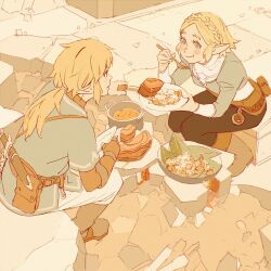 1boy 1girl 55bata6rou belt_pouch black_pants blonde_hair blue_eyes blue_shirt blush boots bowl braid cooking_pot eating food from_above full_body highres holding holding_spoon link long_hair long_sleeves looking_at_another nintendo outdoors pants plate pointy_ears pouch princess_zelda shirt short_hair short_sleeves sitting slice_of_life smile soup spoon the_legend_of_zelda the_legend_of_zelda:_breath_of_the_wild