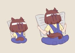 1girl animal_ears braid brown_background brown_hair chibi clothing_cutout facing_away from_behind gomashio_(goma_feet) hair_ribbon holding holding_newspaper horse_ears horse_girl horse_tail multiple_views newspaper overalls purple_ribbon ribbon shirt short_sleeves simple_background special_week_(umamusume) tail tail_through_clothes umamusume yellow_shirt
