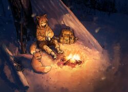 1girl absurdres animal_ear_fluff animal_ears backpack bag battle_rifle blush boots brown_hair camouflage camouflage_pants campfire closed_mouth fox fox_ears fox_girl fox_girl_(yihan_world) gun hair_between_eyes highres jacket long_hair m14 original outdoors pants rifle sitting snow weapon yihan_world