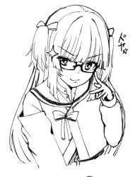 Rule 34 | &gt;:), 1girl, adjusting eyewear, bespectacled, blunt bangs, blunt ends, bow, closed mouth, commentary request, cropped torso, doyagao, glasses, hair bow, hand up, hime cut, index finger raised, long hair, long sleeves, looking at viewer, monochrome, murasame (senren), sailor collar, school uniform, senren banka, serafuku, sidelocks, simple background, sketch, smile, smug, solo, sparkle, star (symbol), straight hair, tft (tft7822), two side up, upper body, v-shaped eyebrows, white background