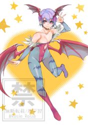 1girl animal_print bare_shoulders bat_print blue_pantyhose boots breasts cleavage darkstalkers demon_girl demon_wings flat_chest full_body head_wings heart leotard lilith_(darkstalkers) low_wings multiple_wings pantyhose print_pantyhose red_boots red_leotard red_wings rosie_rosie simple_background solo star_(symbol) v white_background wings