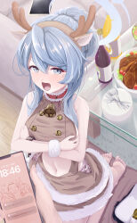 1girl absurdres ako_(blue_archive) alternate_costume anger_vein angry animal_ear_hairband animal_ears antlers bare_shoulders barefoot bell blue_archive blue_eyes blue_hair blush breasts brown_dress crossed_arms deer_ears dress fake_animal_ears fur_trim grabbing_own_breast hair_between_eyes hair_bun hairband highres horns la_la_la_rarmin large_breasts navel navel_piercing neck_bell open_mouth piercing reindeer_antlers sidelocks sitting wariza
