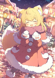 1girl animal_ear_fluff animal_ears blonde_hair blush boots capelet closed_eyes coat dress fang fox_ears fox_girl fox_tail fur-trimmed_boots fur-trimmed_capelet fur-trimmed_dress fur_trim green_eyes highres long_hair long_sleeves mittens night open_mouth original outdoors red_boots red_capelet red_dress scarf skin_fang smile snow snowing solo tail tyomimas white_mittens winter_clothes