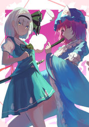 2girls 38_(sanjuuhachi) bad_id bad_pixiv_id black_hairband blue_headwear blue_kimono bow bowtie closed_mouth from_side green_bow green_neckwear green_skirt green_vest hairband hat highres japanese_clothes katana kimono konpaku_youmu long_sleeves looking_at_viewer mob_cap multiple_girls pink_eyes pink_hair saigyouji_yuyuko shade shirt short_hair short_sleeves silver_hair skirt skirt_set smile spiral standing sword touhou triangular_headpiece vest weapon white_shirt wide_sleeves