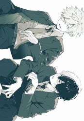 Rule 34 | 2boys, bakugou katsuki, belt, belt buckle, boku no hero academia, buckle, collared shirt, facial scar, hair between eyes, heterochromia, highres, hrak mumi, kampfer (mobile suit), looking at another, male focus, multicolored hair, multiple boys, necktie, parted lips, scar, scar across eye, scar on cheek, scar on face, school uniform, shirt, short hair, spiked hair, todoroki shouto, two-tone hair, upper body, white background