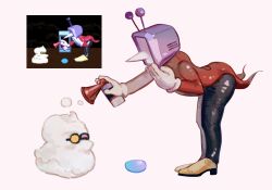 2boys airhorn ant_tenna antennae bent_over black_pants coat deltarune derivative_work foam game_screenshot_inset gloves hand_on_own_face highres male_focus multiple_boys object_head pants photo-referenced pipis_(deltarune) red_coat reference_inset round_eyewear shoes spamton_g._spamton standing syngils tailcoat white_background white_gloves yellow_shoes