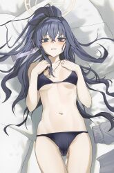 1girl absurdres bikini blue_archive blue_bikini blue_eyes blue_hairband blush breasts crossed_bangs hair_between_eyes hairband halo hands_on_own_chest highres jewelry long_hair looking_at_viewer lying medium_breasts navel necklace on_back ponytail solo stomach swimsuit taaakaaaa ui_(blue_archive) ui_(swimsuit)_(blue_archive) yellow_halo