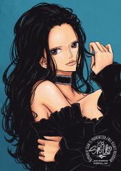 1girl bare_shoulders black_hair black_shirt blue_background brown_eyes choker closed_mouth commentary hair_slicked_back highres long_hair long_sleeves nico_robin one_piece sherumaru_(korcht06) shirt simple_background solo upper_body watermark