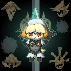 1girl alternate_costume animal_crossing armor aura blue_gemstone blush_stickers boots brown_footwear chest_jewel creator_connection crescent crossover dog dog_girl facial_tattoo fierce_deity frown furry gem goht grey_eyes gyorg hat isabelle_(animal_crossing) looking_at_viewer majora_(entity) mukatite nintendo no_pupils odolwa possessed possession sword tail tattoo the_legend_of_zelda the_legend_of_zelda:_majora&#039;s_mask triangle twinmold weapon white_hat