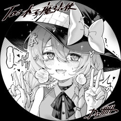 Rule 34 | ..., 1girl, braid, dollllls2, double v, fang, hat, heart, heart-shaped pupils, original, sexually suggestive, spoken ellipsis, symbol-shaped pupils, twin braids, v, witch hat