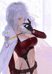 1girl belt black_gloves black_leotard breasts cleavage clothing_cutout coat commentary dog_tags gloves goddess_of_victory:_nikke highres large_breasts leotard long_sleeves navel peparonipi20 red_shirt scar shirt solo stomach_cutout white_background white_coat white_hair yellow_eyes yulha_(nikke)