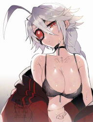 1girl ahoge blazblue braid breasts commentary_request eyepatch gradient_background grey_background grey_hair hot jacket large_breasts long_hair nu-13 red_eyes red_jacket simple_background sweat uzukinoko