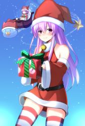 1other 2girls alternate_costume bare_shoulders bell belt black_belt blush box capelet collared_dress commentary_request detached_sleeves dogoo doria_(p_f_dolia) dress fur-trimmed_capelet fur-trimmed_dress fur-trimmed_sleeves fur_trim gift gift_bag gift_box hair_between_eyes hat highres holding holding_gift long_hair looking_at_viewer multiple_girls necktie nepgear neptune_(neptunia) neptune_(series) purple_eyes purple_hair santa_costume santa_hat short_hair sitting sky sled sleeveless sleeveless_dress smile star_(sky) star_(symbol) starry_sky striped_clothes striped_legwear striped_thighhighs thighhighs wide_sleeves zettai_ryouiki