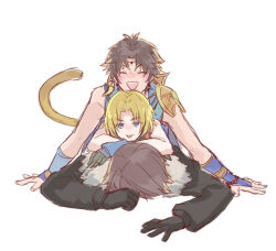 3boys arm_support armor bartz_klauser bead_bracelet bead_necklace beads black_gloves black_jacket blonde_hair blue_eyes blue_tank_top boy_sandwich bracelet bridal_gauntlets brown_hair circlet closed_eyes crossed_arms dissidia_final_fantasy dogpile final_fantasy final_fantasy_ix final_fantasy_v final_fantasy_viii fur-trimmed_jacket fur_trim gloves happy jacket jewelry long_sleeves lying lying_on_person male_focus monkey_tail multiple_boys necklace on_stomach open_mouth pauldrons sandwiched sasanomesi shoulder_armor simple_background single_pauldron sketch smile squall_leonhart tail tank_top tongue tongue_out white_background wrist_cuffs zidane_tribal