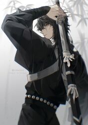 1boy alternate_costume black_hair black_hanbok chromatic_aberration expressionless fern full_body hair_over_one_eye hanbok highres holding holding_sword holding_weapon korean_clothes leaf looking_at_viewer male_focus mullet omniscient_reader&#039;s_viewpoint rorynans scabbard sheath solo sword sword_on_back upper_body weapon weapon_on_back yellow_eyes yoo_joonghyuk