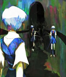 3girls abstract_background artist_name ayanami_rei blue_hair clone emikkzo floating from_behind hallway highres multiple_girls necktie neon_genesis_evangelion pink_necktie school_uniform short_hair surreal tokyo-3_middle_school_uniform