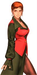 1girl arms_at_sides breasts brown_hair capcom_vs_snk choker cleavage earrings formal_clothes from_side game_cg highres jewelry light_smile lips looking_to_the_side mori_toshiaki non-web_source official_art pant_suit pants pantyhose pantyhose_under_shorts short_hair shorts solo suit the_king_of_fighters upper_body vest vice_(kof) waistcoat