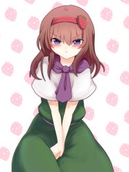 1girl :i between_legs blush brown_hair capelet closed_mouth commentary_request cookie_(touhou) cowboy_shot dress food-themed_hair_ornament green_dress hair_ornament hairband hand_between_legs ichigo_(cookie) long_hair looking_at_viewer namatama_(7lemo_can) neckerchief pink_capelet pink_sash pout purple_neckerchief red_hairband sash solo strawberry_background strawberry_hair_ornament v-shaped_eyebrows white_background